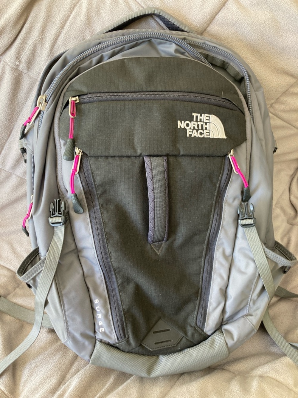 The North Face Gray &  Black Surge large laptop sleeve Backpack hike camp 30L+